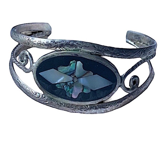 HECHOEN MEXICO Silver Abalone MOP Shell Cuff Bracelet Woman’s Jewelry Butterfly - Picture 1 of 10